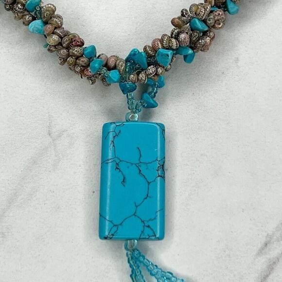 Faux Turquoise Chunky Beaded Tassel Pendant Toggle Necklace - Picture 7 of 9